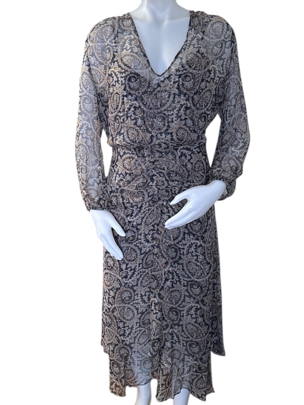 Veronica Beard Quinlan Paisley Silk Midi-Dress Black Brown Size 10